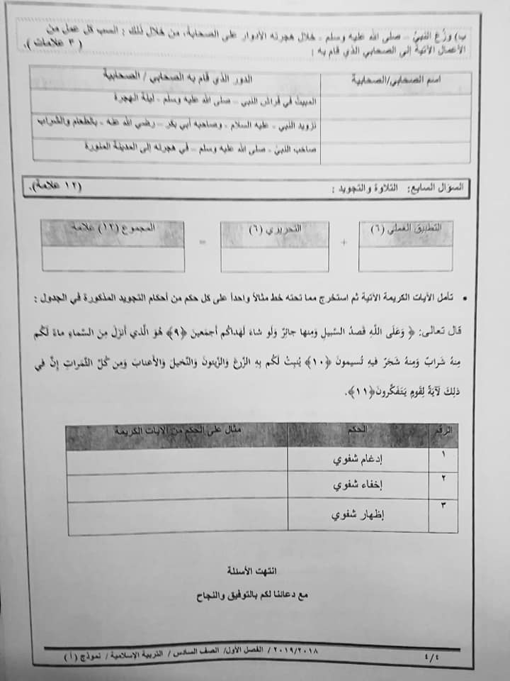 MTc4MTc2MQ47474 بالصور نموذج A وكالة امتحان التربية الاسلامية النهائي للصف السادس الفصل الاول 2018